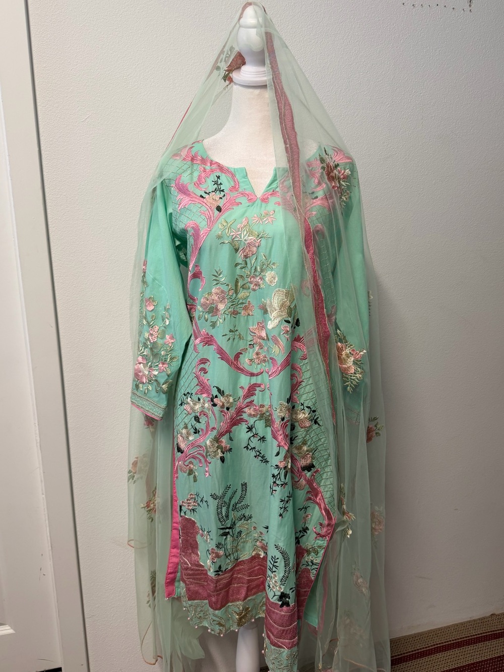 Strawberry Matcha Mint Green Pink Embroidered Pakistani 3 Piece Suit